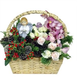 A Christmas basket of white pink roses and orchird flower