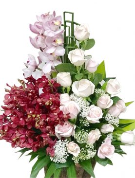 Pink Roses And Orchid Basket