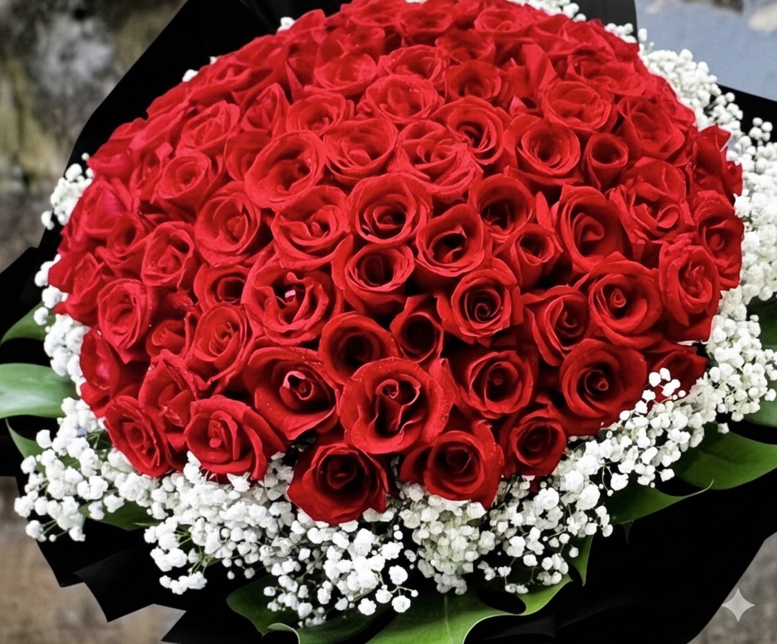 99 Red Roses Bouquet – Delivered by Viet-Flowers change paper wrapper of this red rose bouquet to black and defocus the background. Make the roses look sharper with more details