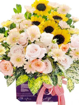 Bountiful flower box with a Dozen Pink Roses and assorted flowers