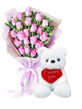 Two Dozen Pink Roses and a White Teddy Bear - Saigon City and Surrounding Districts Only