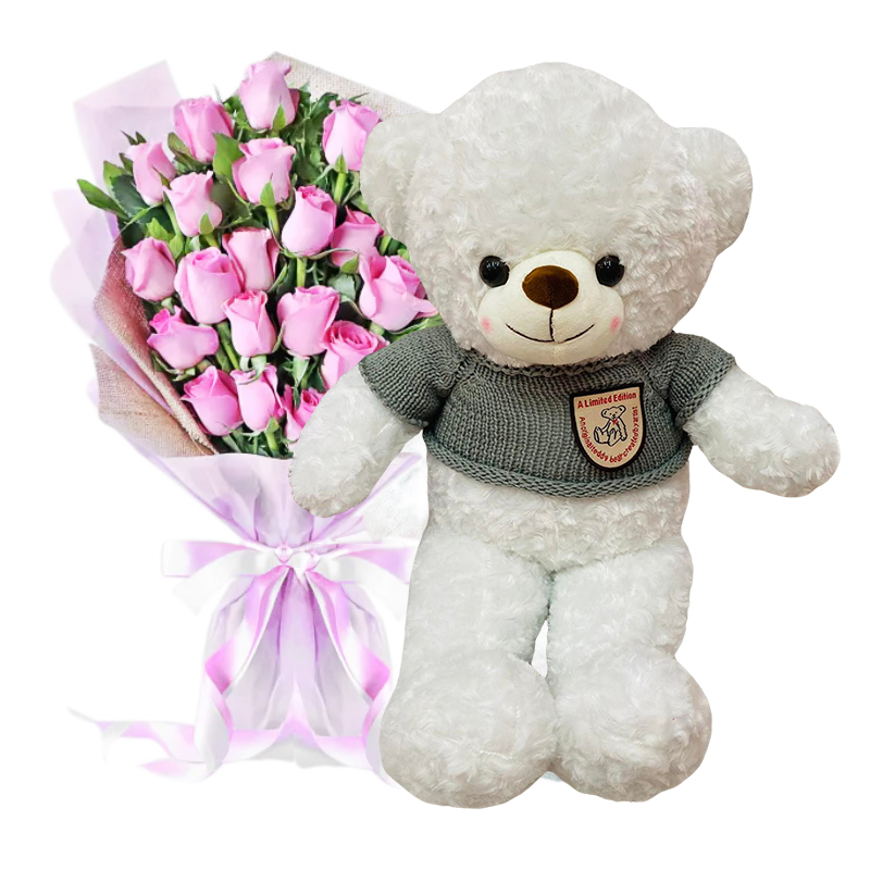 Two Dozen Pink Roses and a White Teddy Bear - Saigon City and Surrounding Districts Only