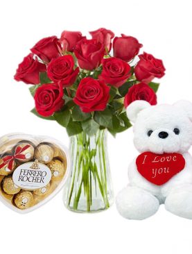 One Dozen Red Roses, White Teddy Bear and a Chocolate Box- Saigon City and Surrounding Districts Only