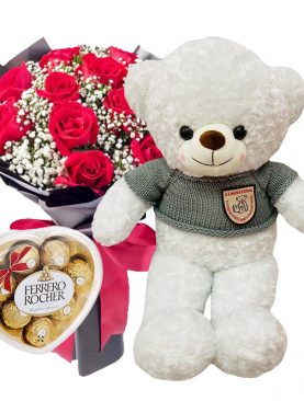 One Dozen Red Roses, White Teddy Bear and a Chocolate Box- Saigon City and Surrounding Districts Only