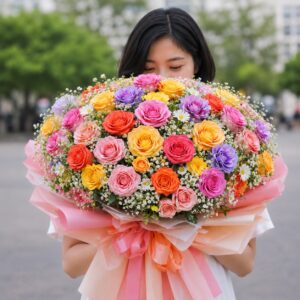 99 assorted roses bouquet featuring pink, yellow, orange, and lavender roses, held by a young woman, available for flower delivery in Vietnam