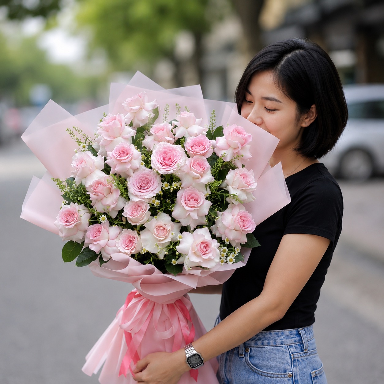 Pink Roses Bouquet Young asian woman holding a large bouquet of fresh pink roses wrapped in elegant floral paper